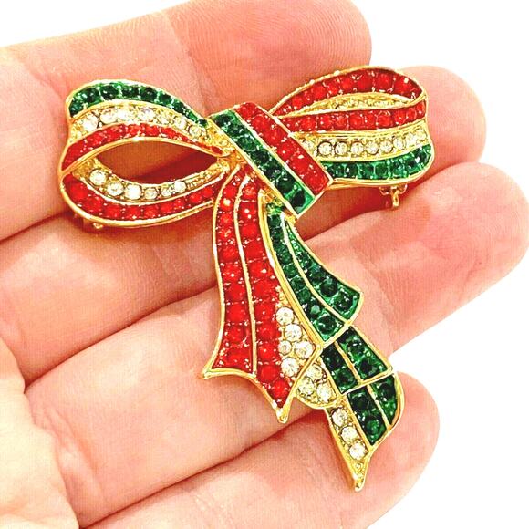 Festive Christmas Brooch Gold Setting Red Green Rhinestones Festive Bow Pendant - Picture 2 of 7